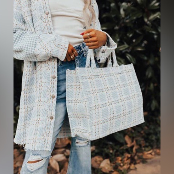 Impressions Online Boutique London Estate Tweed Tote In Sky Blue - One Size - Picture 4 of 10